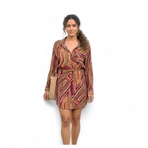 Dress Forum Rayon Abstract Stripe Long Tunic Button Shirt Dress Medium